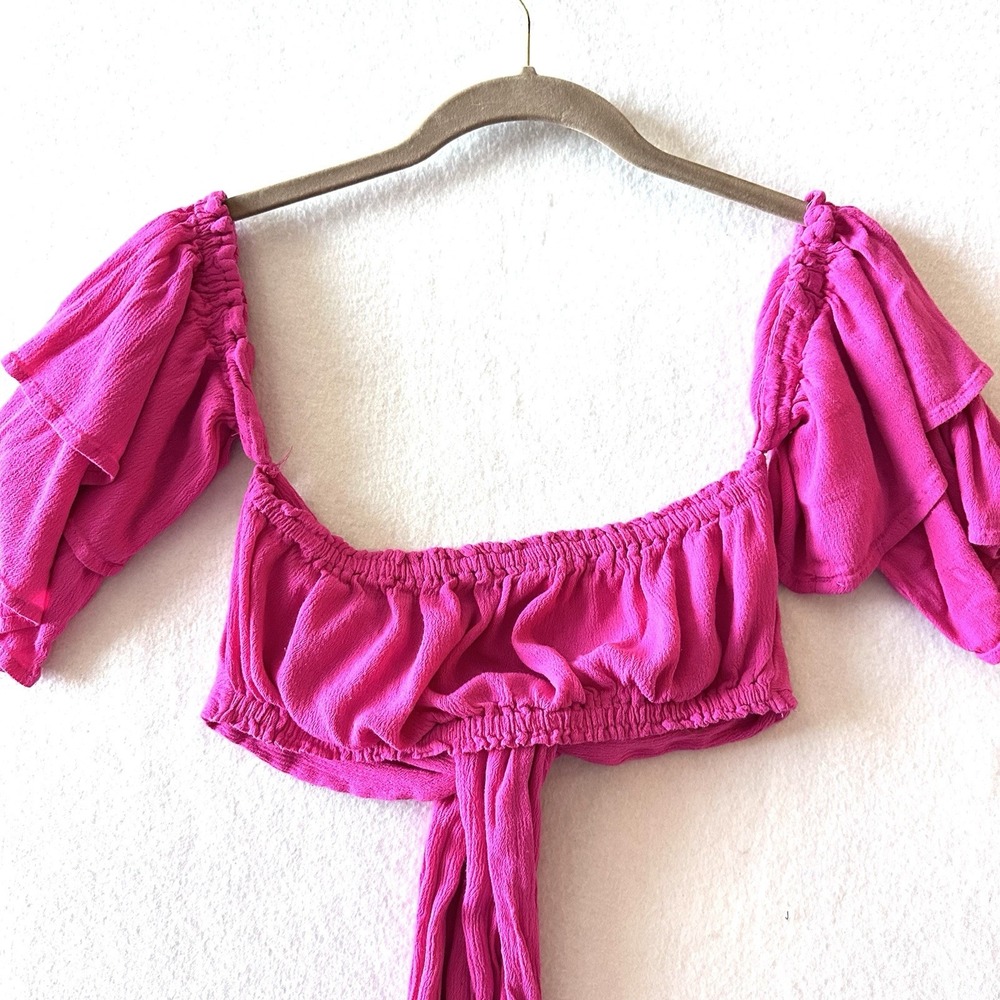 Meshki M Medium Aaliyah Tie-Front Crop Top Hot Pink Off Shoulder Poet Peasant - Picture 9 of 13
